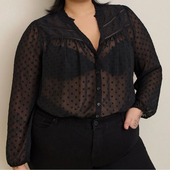 Torrid Tops - Torrid Black Chiffon Clip Dot Contrasting Eyelet Buttonup Top 4X EUC Whimsygoth